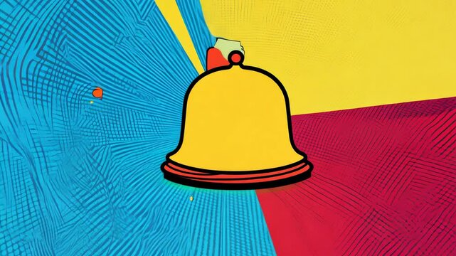 Colorful pop art style yellow bell icon with red top on abstract blue, yellow, and red textured background