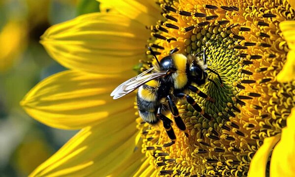 A vibrant bumblebee rests on a bright yellow sunflower, collecting nectar.