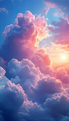 Naklejka premium Radiant clouds ablaze with pink hues and a sunlit sky, dreamy atmosphere