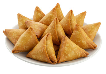 A plate filled with crispy mini samosas isolated on transparent background