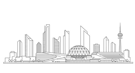 Modern city skyline, architectural line art.
