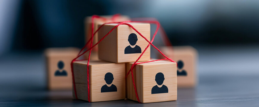 Wooden blocks connected by red strings symbolize interconnectedness and collaboration, evoking sense of unity and teamwork. design features simple, minimalist shapes that enhance visual appeal