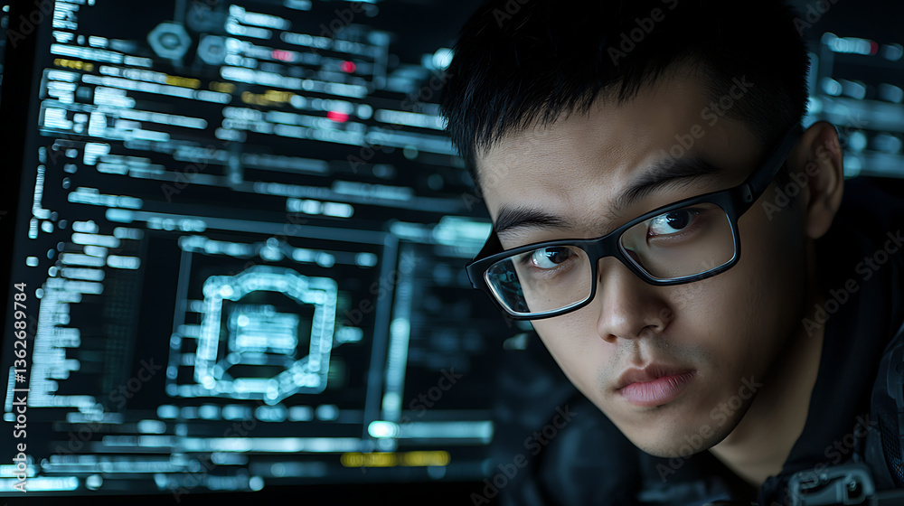 Wall mural focused programmer in front of screens
