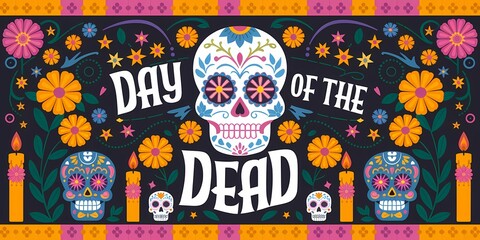 Festive Dia de los Muertos typography banner featuring an ornate sugar skull illustration surrounded by vibrant marigold flowers candles Mexican decorations, set against a dark contrasting background
