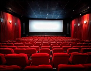 Fototapeta premium Empty Movie Theater, A vacant cinema hall with rows of plush red seats arranged symmetrically. The dim lighting casts a soft glow, creating a quiet and immersive atmosphere, with the screen waiting t