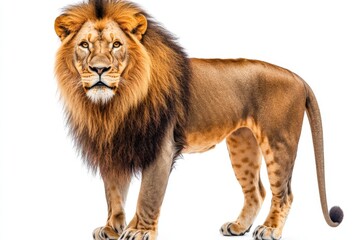 Obraz premium Majestic lion standing poised in a natural habitat displaying its impressive mane and fierce gaze at midday sun