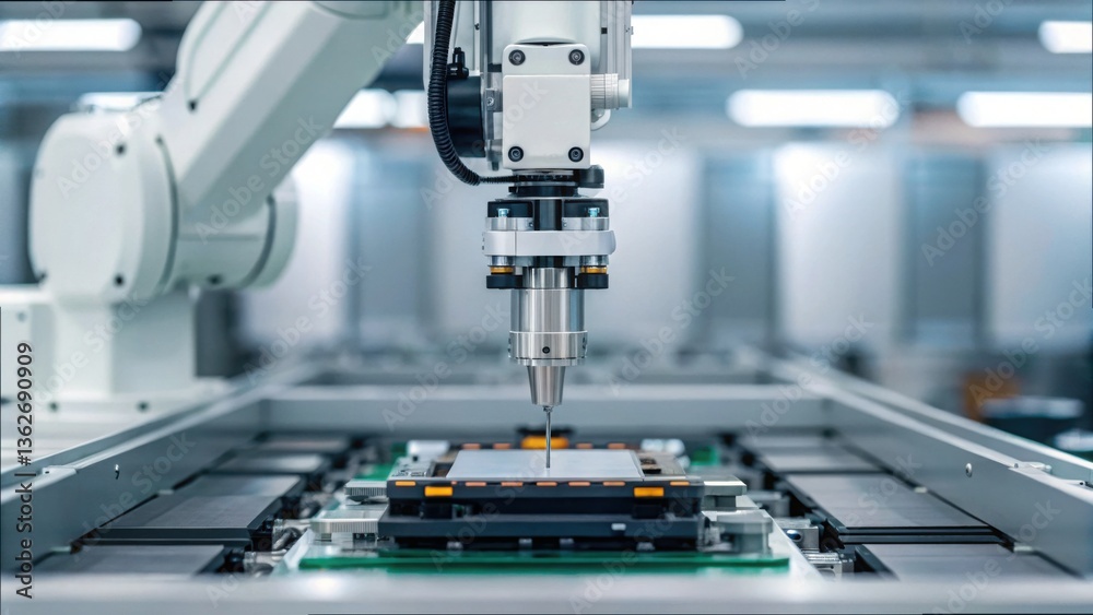 Poster Robotic Arm Assembling Electronic Components in High-Tech Factory