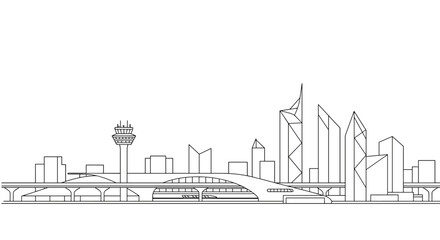 Modern city skyline illustration, black and white. White background    
