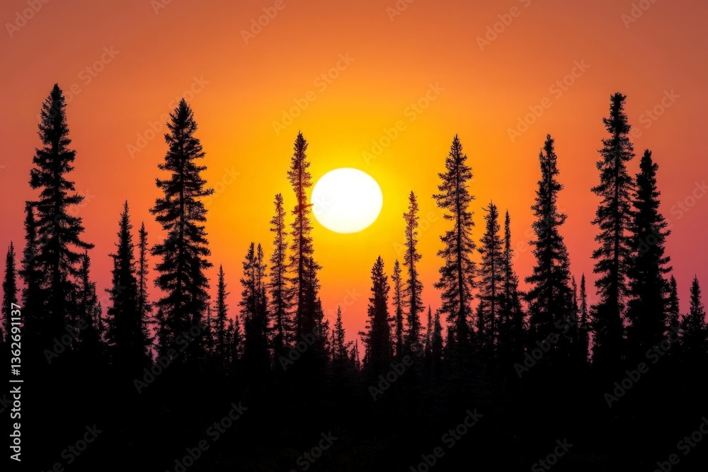 Aufkleber sunset over a forest with tall trees creating a silhouette against a vibrant orange sky