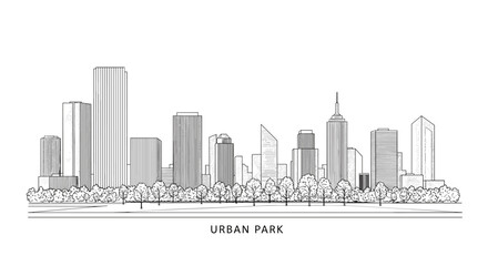 Urban skyline with a park in front. Black and white illustration. White background    