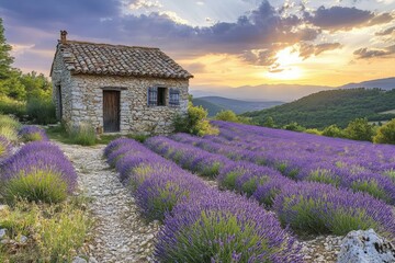Serene lavender fields near a rustic stone cottage at sunset in Provence, France