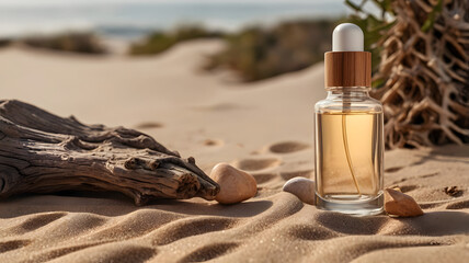 Transparent glass bottle for cosmetic serum stands on sand around safari landscape