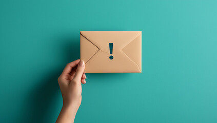 hand holding envelope with exclamation mark cutout, set against vibrant turquoise background, conveys sense of urgency and excitement. This captures essence of communication and anticipation