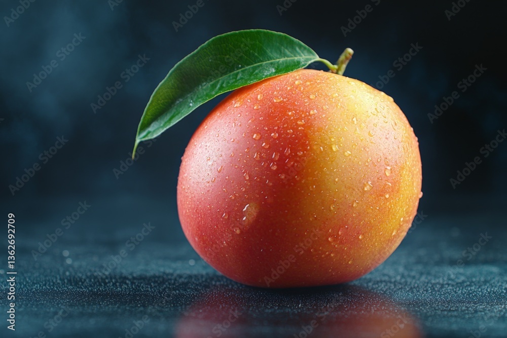 Poster freshly washed apple with droplets resting on a dark surface showcasing vibrant colors and a leafy a