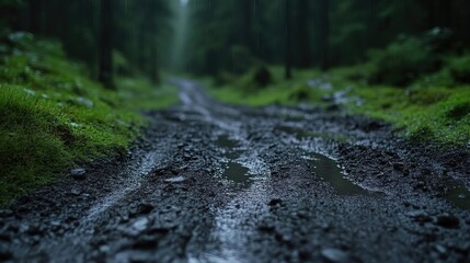 Muddy forest path after rain