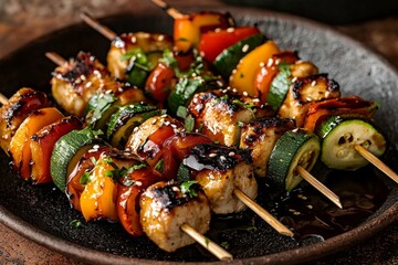 Easy-to-make chicken and vegetable skewers with a soy sauce glaze.