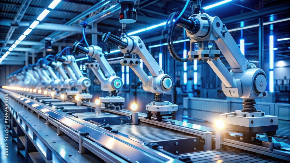 Poster Robotic Assembly Line with LED Lighting in a Modern Factory Setting