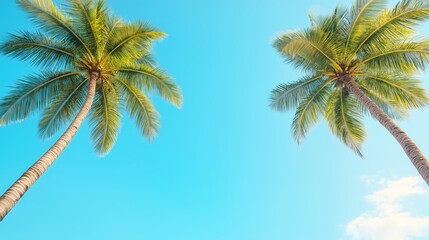 A vibrant scene featuring two tall palm trees against a clear blue sky, capturing the essence of a tropical paradise. Perfect for conveying relaxation and natural beauty.