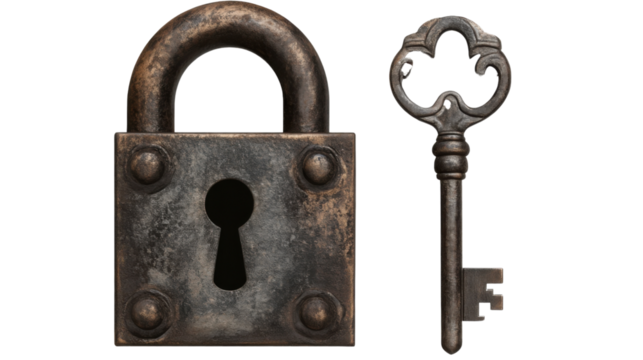 Antique Padlock and Key: A vintage padlock and ornate key stand in stark contrast against a blank space, the rough texture and aged appearance evoke themes of security and secrecy.