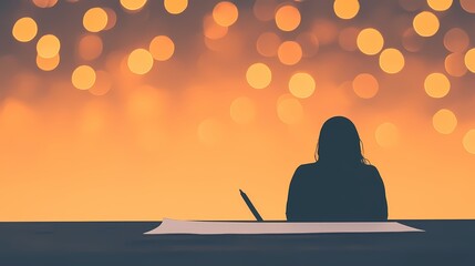 Silhouette of a Woman Writing at Dusk, Woman writing at desk, bokeh lights background