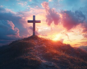 Obraz premium Sunset over a hill with a cross, symbolizing hope and reflection in nature
