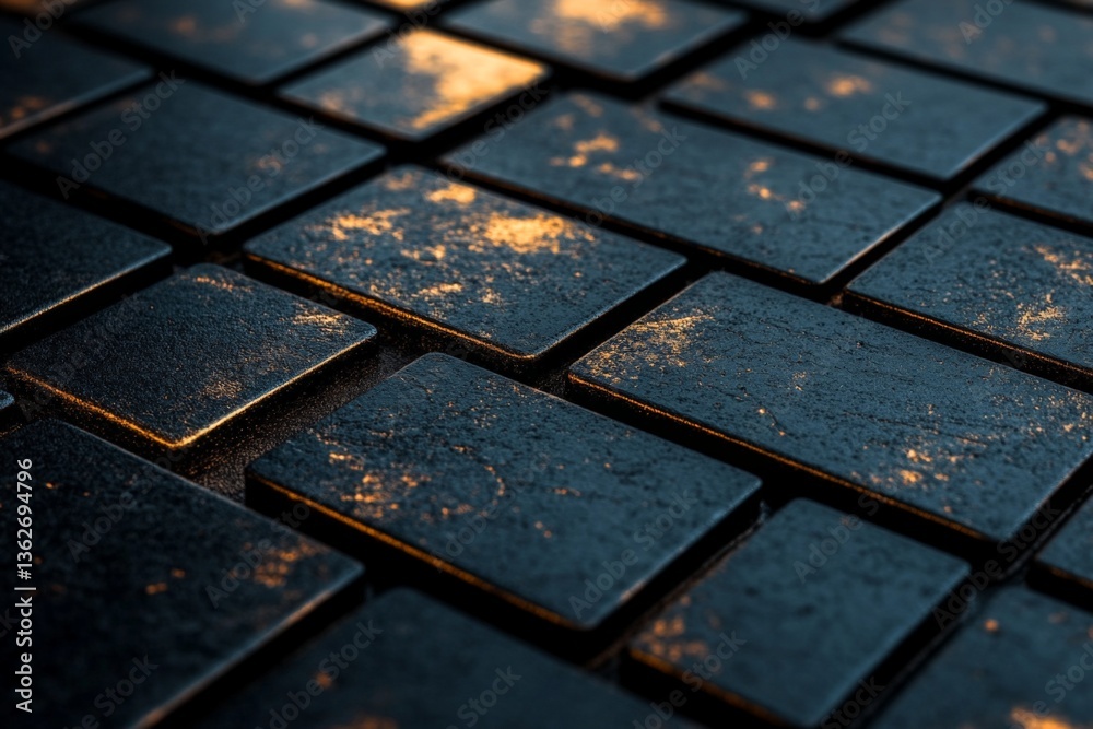 Poster Black textured tiles with a golden sheen create an elegant floor surface in a modern interior space