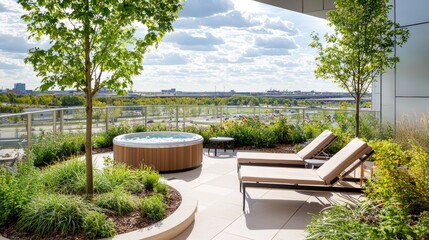 A luxurious spa area at a corporate retreat, complete with sun loungers, a hot tub, and beautiful greenery surrounding the outdoor relaxation space, inviting employees to unwind.
