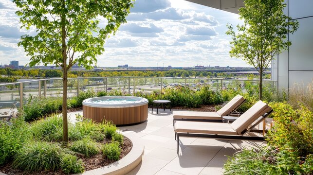 A luxurious spa area at a corporate retreat, complete with sun loungers, a hot tub, and beautiful greenery surrounding the outdoor relaxation space, inviting employees to unwind.