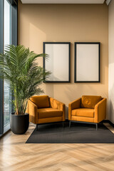 Bright modern interior featuring cozy orange chairs and a tall plant in a sunlight-filled room