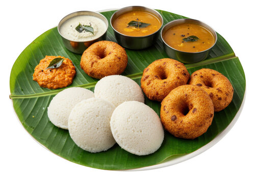 A plate of soft white mini idlis, golden brown vadas, coconut chutney and sambar isolated on transparent background