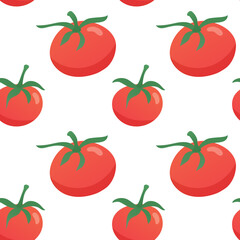Seamless pattern with tomatoes with leaves cartoon flat style. Background for menu, paper, supermarket, farm shop, textile. Vector illustration