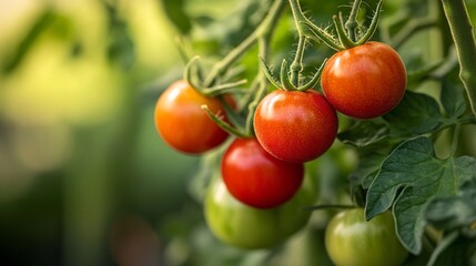 Fresh Ripe Cherry Tomatoes on the Vine in Organic Garden