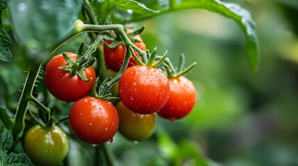 Fresh and Ripe Cherry Tomatoes Clustered on the Vine in the Garden