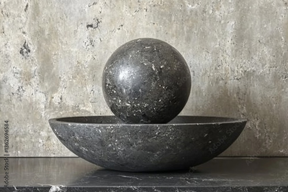 Poster Elegant modern stone sculpture featuring a spherical element balanced on a shallow bowl