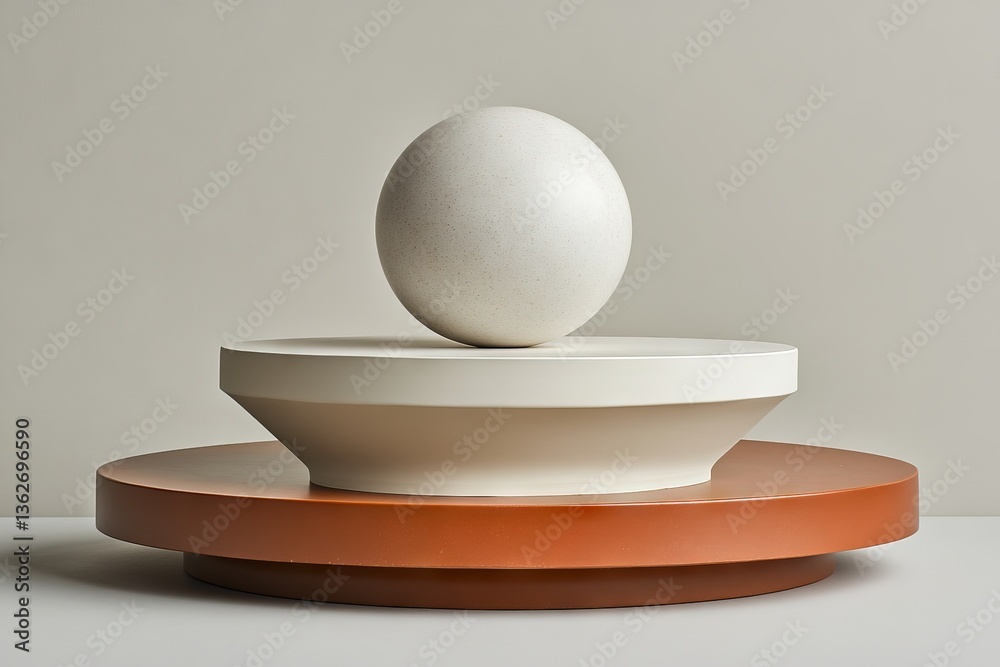 Poster minimalist sculpture with geometric shapes and a spherical object placed on a colored base in a cont