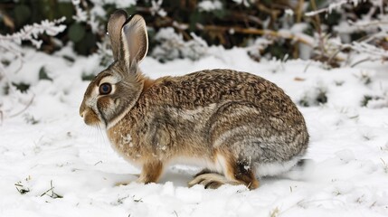 Naklejka premium Wild rabbit in a snowy landscape its thick winter coat keeping it warm as it blends into the white surroundings