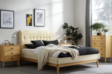 Modern bedroom with beige upholstered bed, wooden nightstands, and natural light.