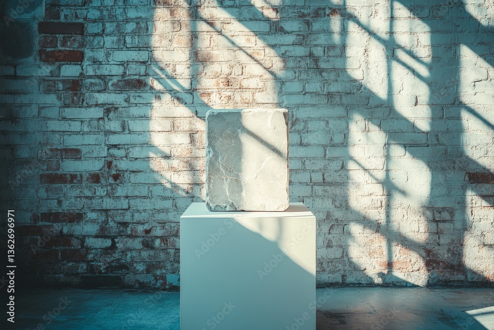 Aufkleber sculptural marble block illuminated by sunlight in a spacious brick gallery setting