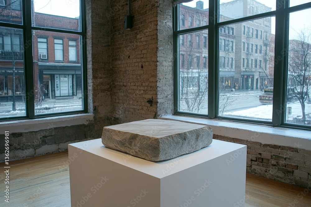 Poster snowy urban gallery displaying a minimalist stone sculpture with large windows revealing the winter 