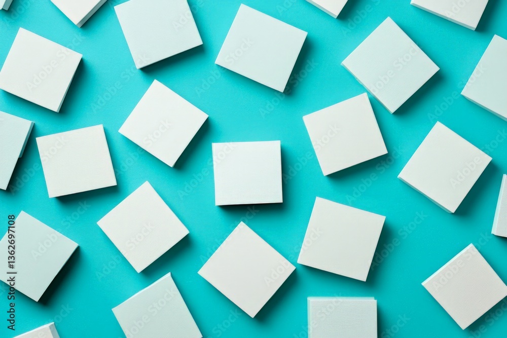Poster simple white squares arranged artistically on a vibrant turquoise background showcasing minimalistic