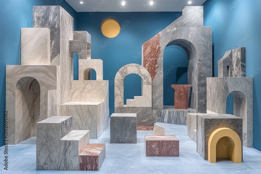 Aufkleber Modern abstract marble installation in a minimalist gallery space showcasing geometric forms and bold colors