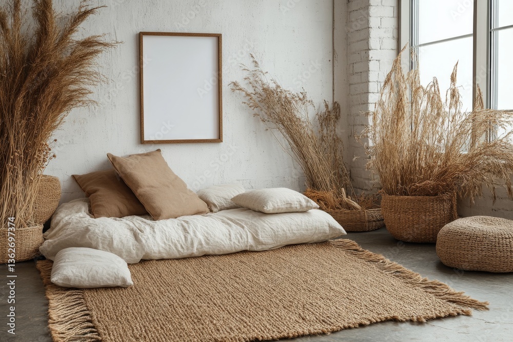 Poster Cozy minimalistic interior with natural elements and a comfortable seating area in soft earthy tones