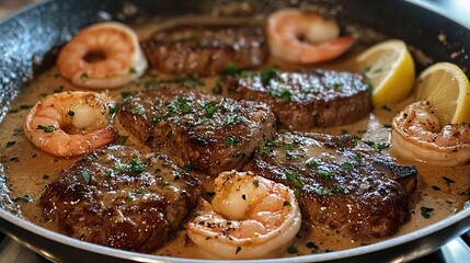 Steak in Creamy Cajun Shrimp Sauce look tasty