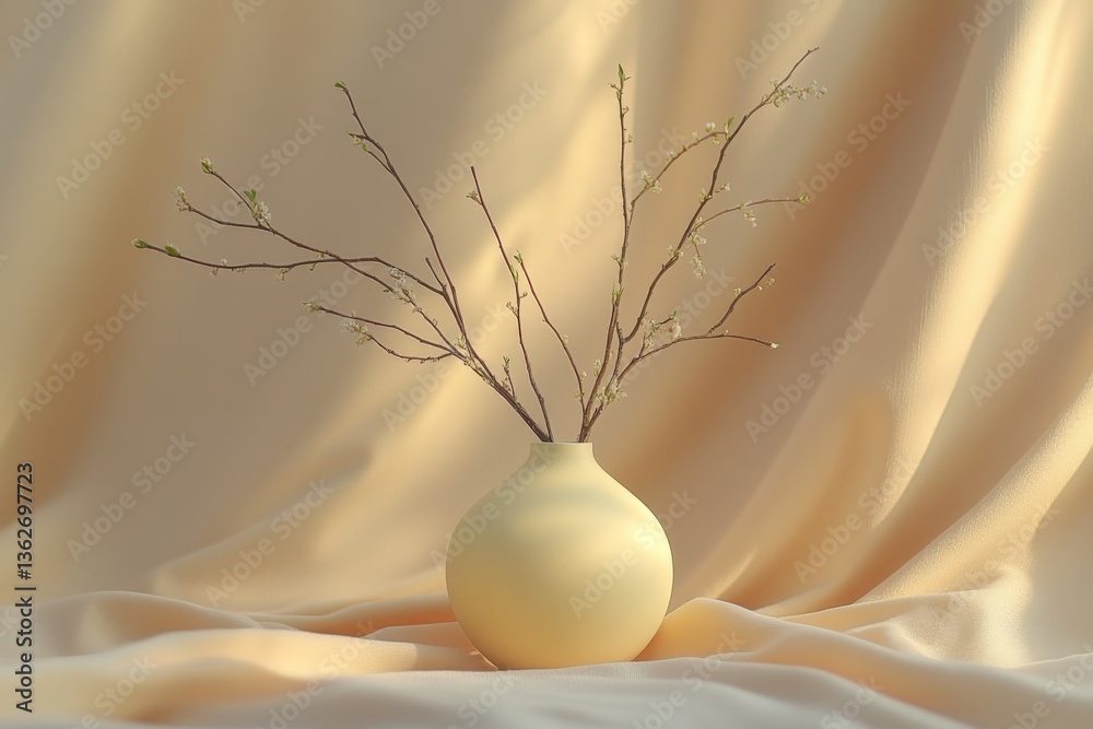 Poster Elegant yellow vase with branches on soft fabric background in warm lighting