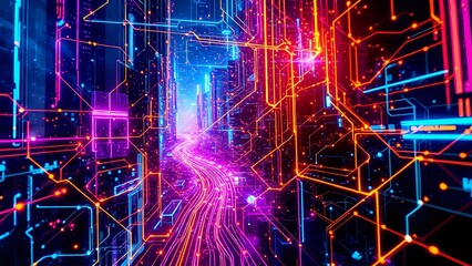 Futuristic Cyberpunk Cityscape with Neon Synapse Cascade