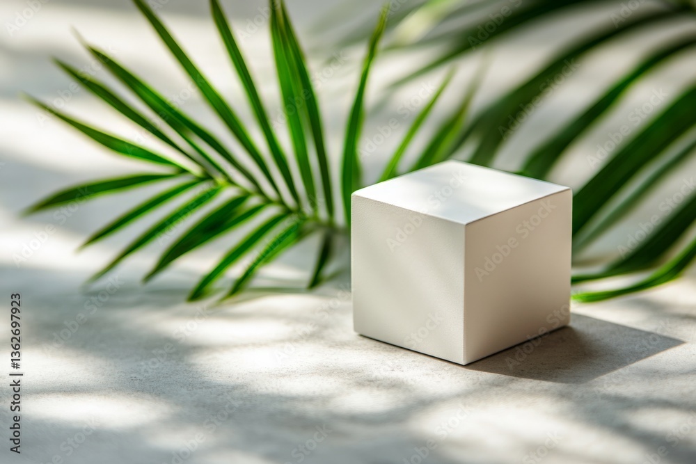 Poster white cube placed on a textured surface with green palm leaves in bright natural light during a tran