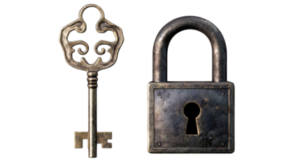 Vintage Lock and Key: An antique lock and ornate key stand side by side, symbols of security, access, and the mysteries they hold within.