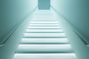 Fototapeta premium Stairs illuminated by soft light in a modern interior space leading to a bright doorway