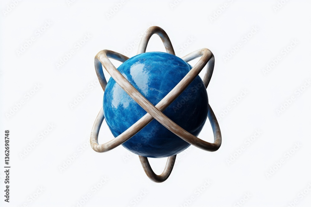 Poster 3D representation of a blue planet surrounded by metallic rings depicting atomic structure in a light background