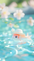 cute goldfish smiling wearing summer hat with flowers, cuddly miniature animal
